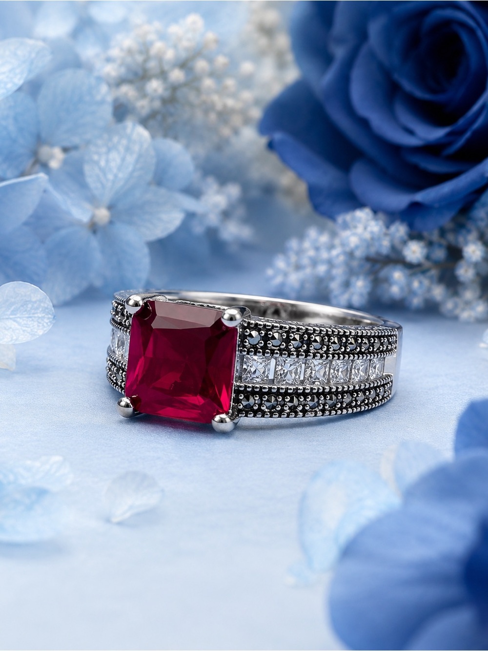 Sterling Silver Ruby-Cut Red Gemstone Ring with Accent Stones size 7